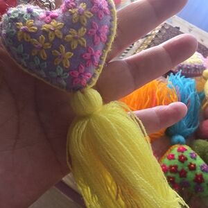MEXICANA Lavender Heart Floral Tassel Keychain with Yellow Tassel
